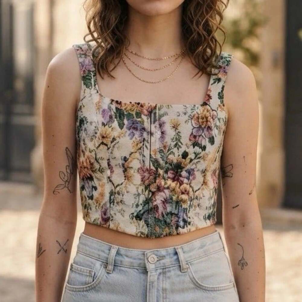 Wild Fable Sz L Tapestry Retro Boho Smocked Floral Corset Layer Crop Top